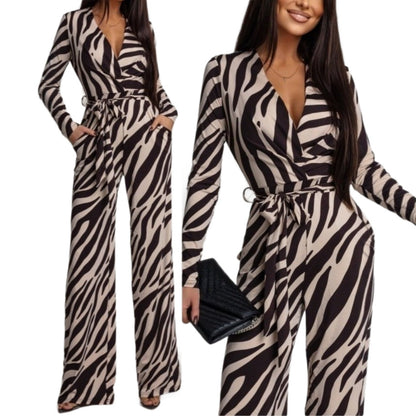 Zebra-Print V-Neck Long-Sleeve Jumpsuit