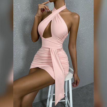 Cross Halter Pleated Dress