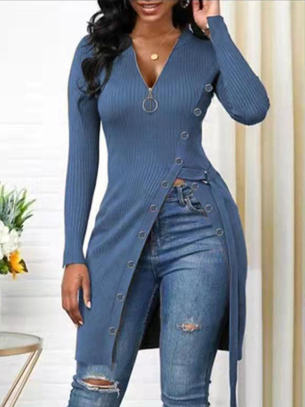 V-Neck High Split Zipper Dress