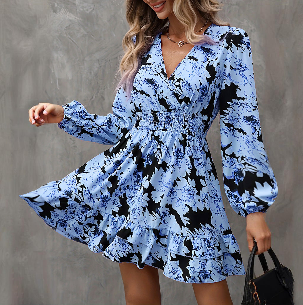 Lantern Sleeve A-Line Dress V-Neck