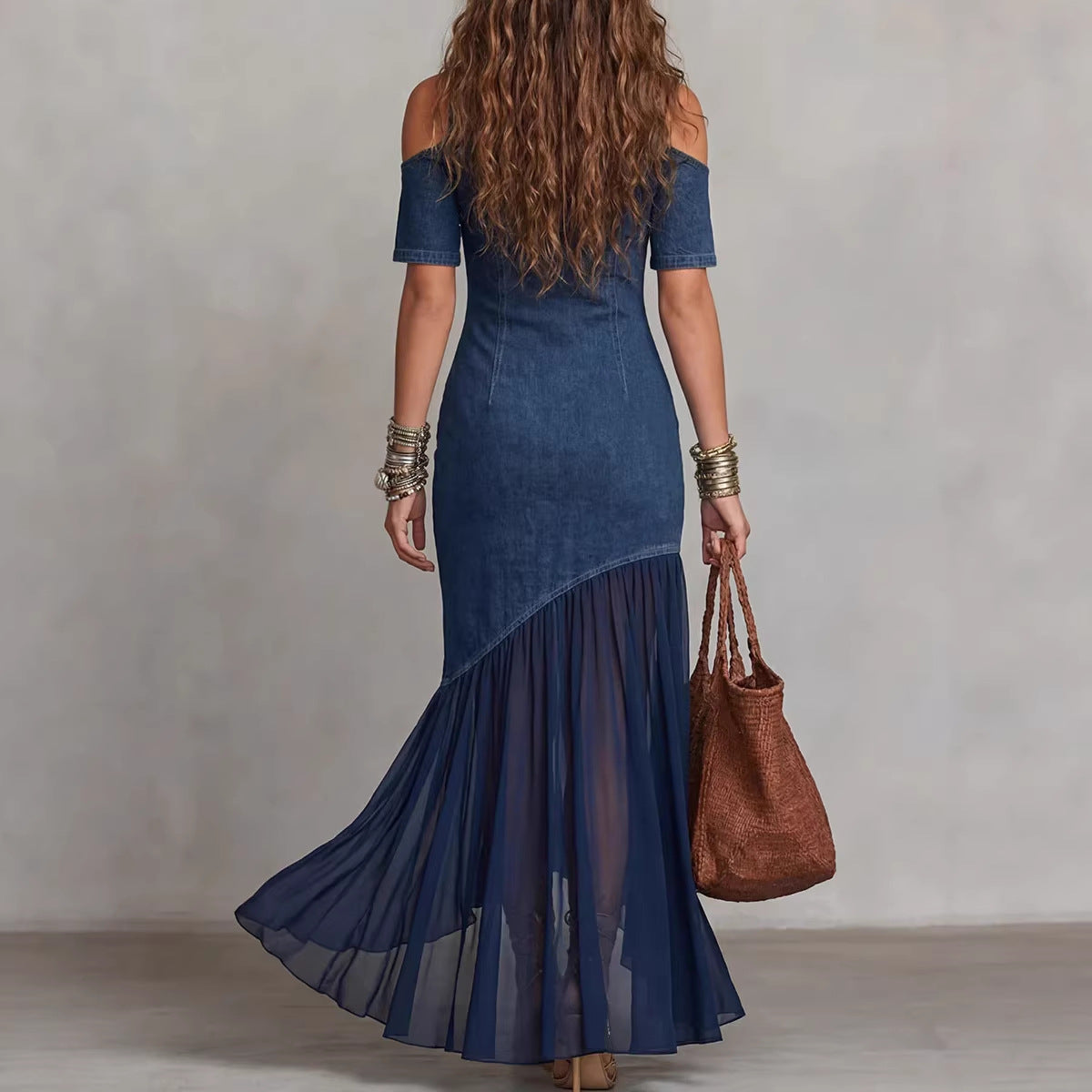 Off-Shoulder Mesh Hem Midi Dress