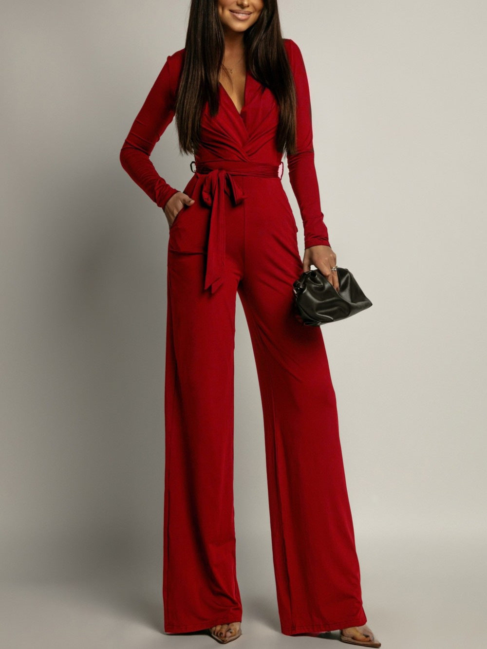 Zebra-Print V-Neck Long-Sleeve Jumpsuit