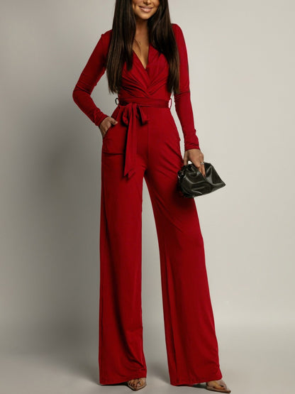 Zebra-Print V-Neck Long-Sleeve Jumpsuit
