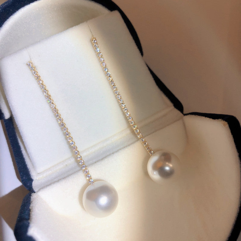 14K Rhinestone Tassel Pearl Earrings