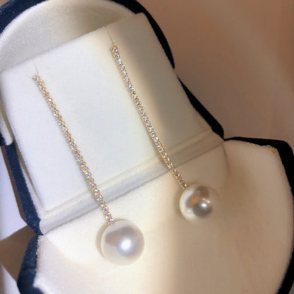 14K Rhinestone Tassel Pearl Earrings