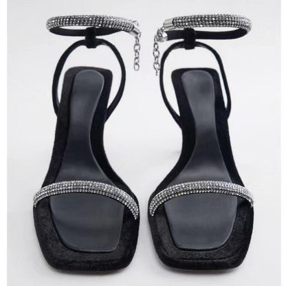 Square Toe Rhinestone Stiletto Sandals