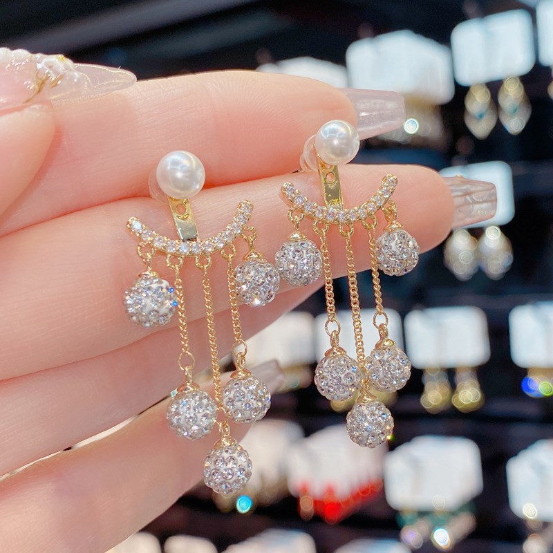 Trendy Large Earrings Full Diamond Ball Tassel