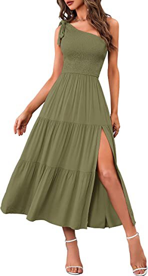 One-Shoulder Pleated Layered Hem Split Dress