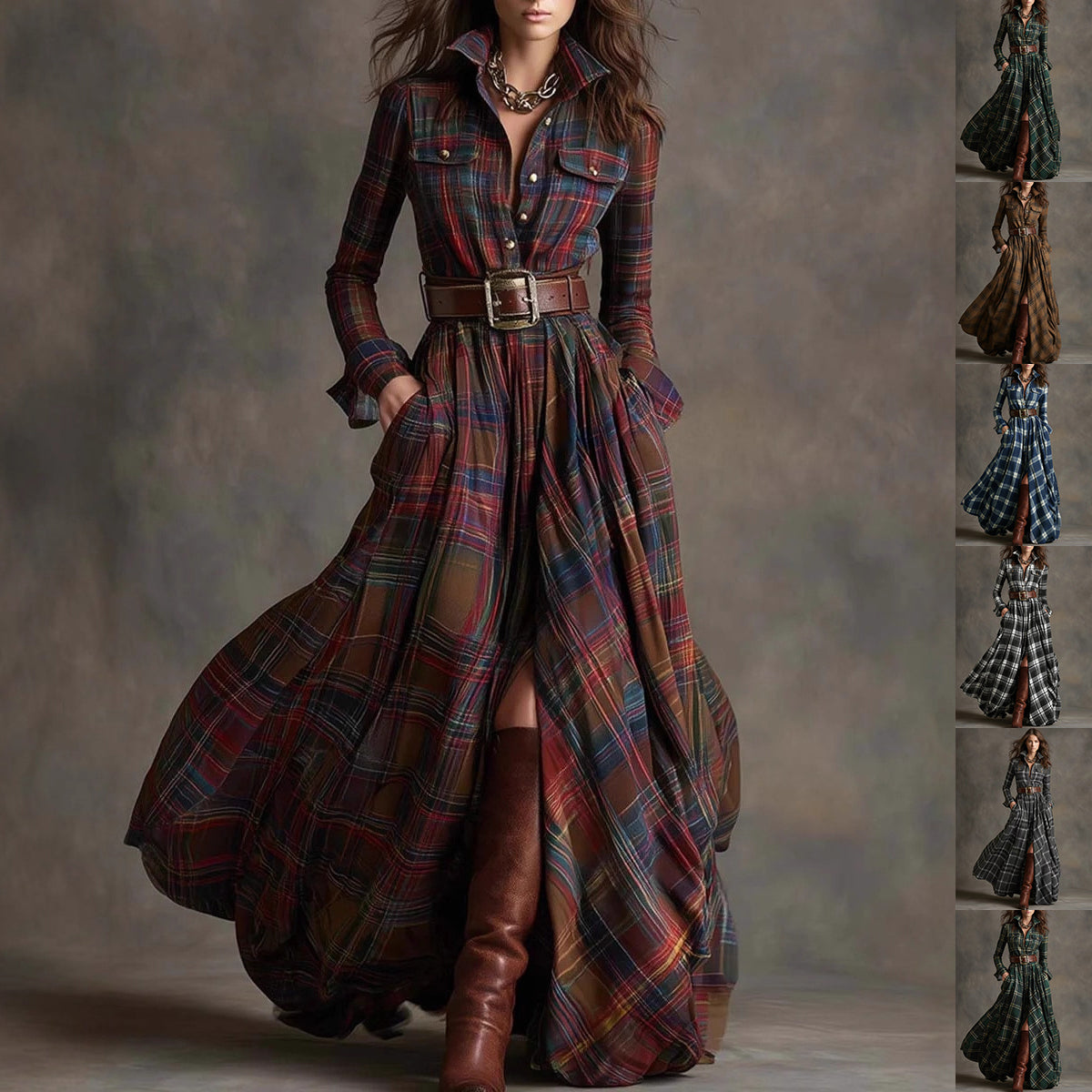 Ins Plaid Print Long-Sleeved Dress Fashion Pockets