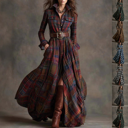 Ins Plaid Print Long-Sleeved Dress Fashion Pockets