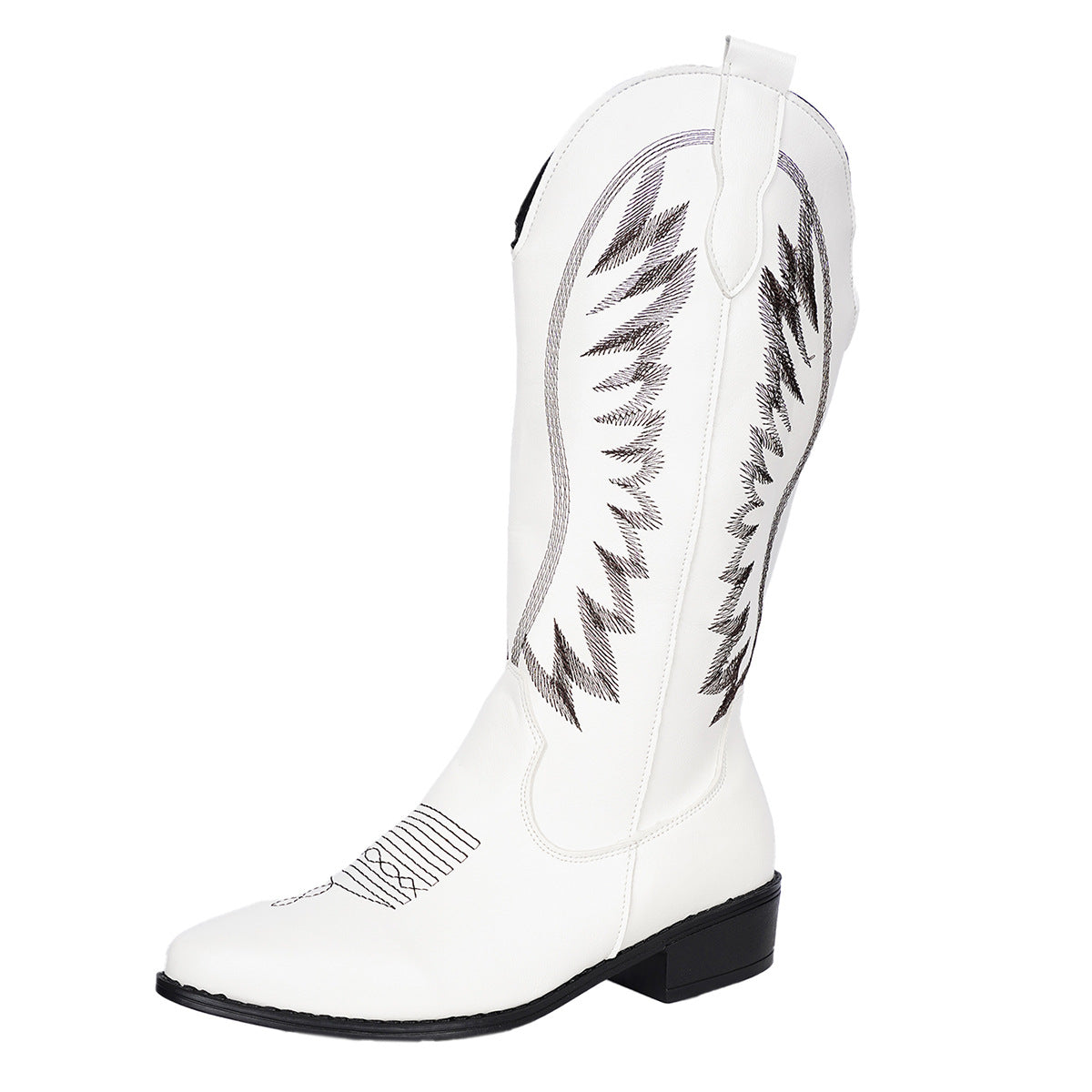 Embroidered V-Neck Mid-Calf Boots