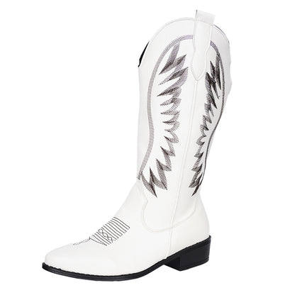 Embroidered V-Neck Mid-Calf Boots
