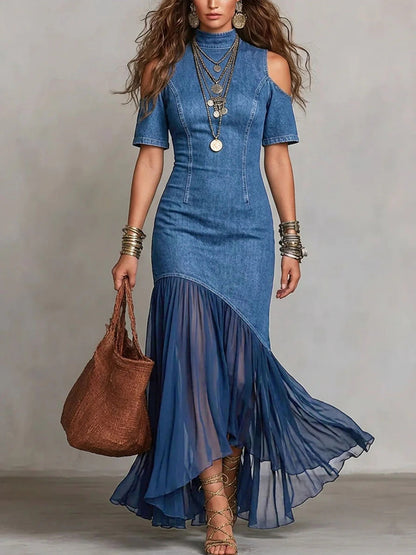 Off-Shoulder Mesh Hem Midi Dress