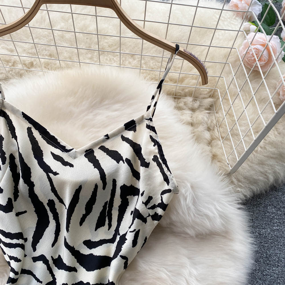 Waist A-Line Irregular Zebra Print Slip Dress