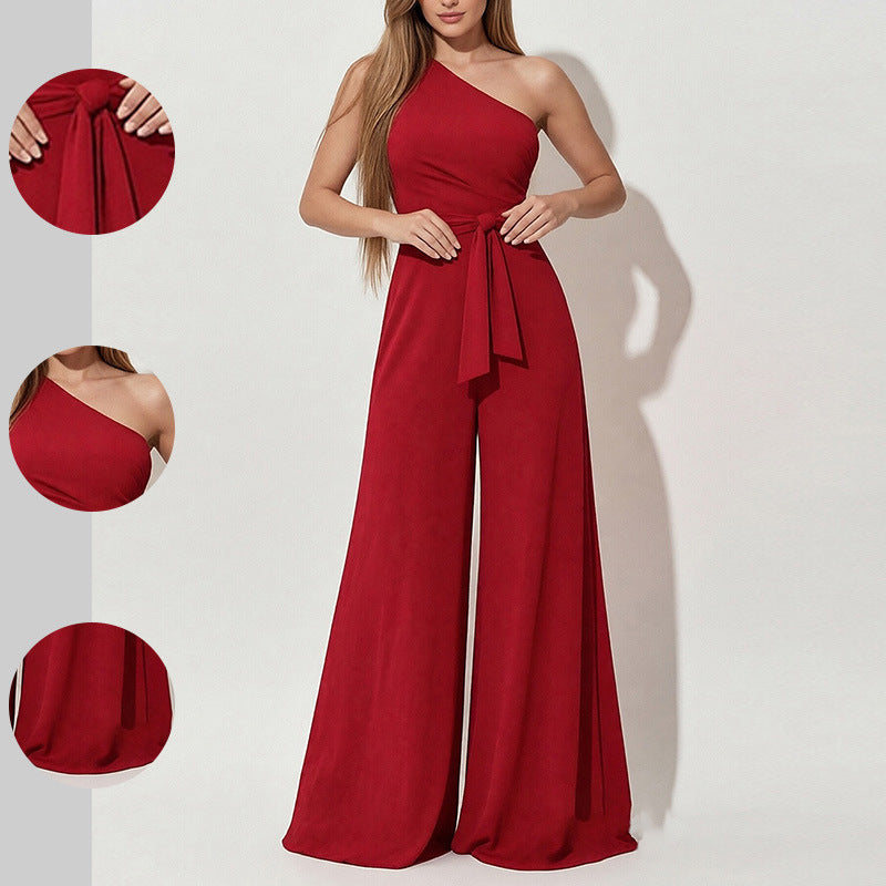 Solid Color Straight-leg Pants Strapless Lace-up Jumpsuit