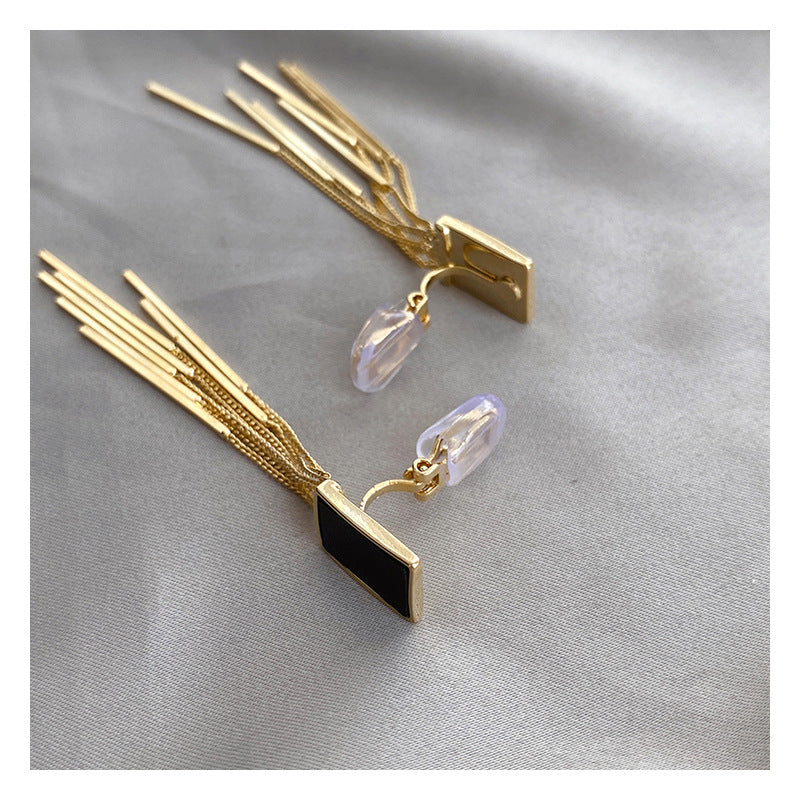 Square Black Long Tassel Earrings