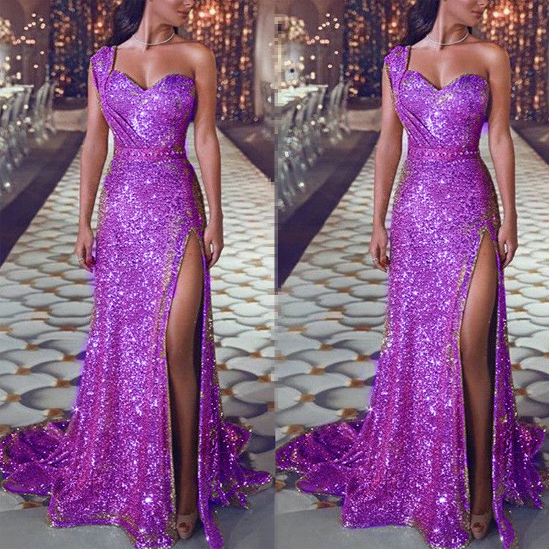 One-Shoulder Sleeveless Bronzing Dress Slit Long Skirt