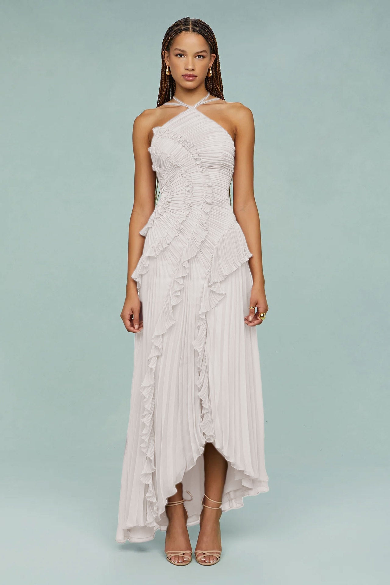 Ruffled Pleated Halterneck Dress