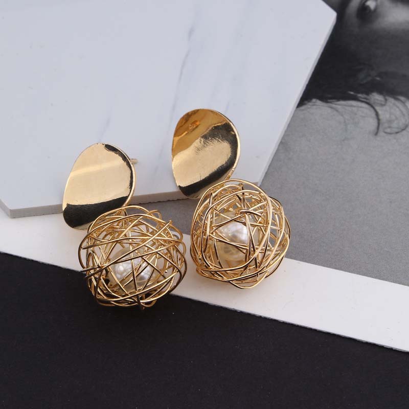 Simple Woven Ball Pearl Stud Earrings