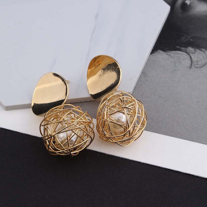 Simple Woven Ball Pearl Stud Earrings