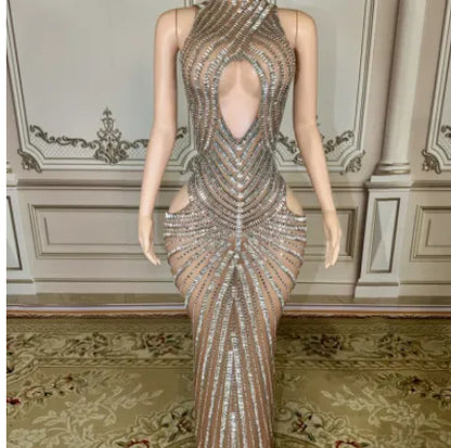 Womens Sexy Mesh Hollow-Out Nightclub Stage Dress