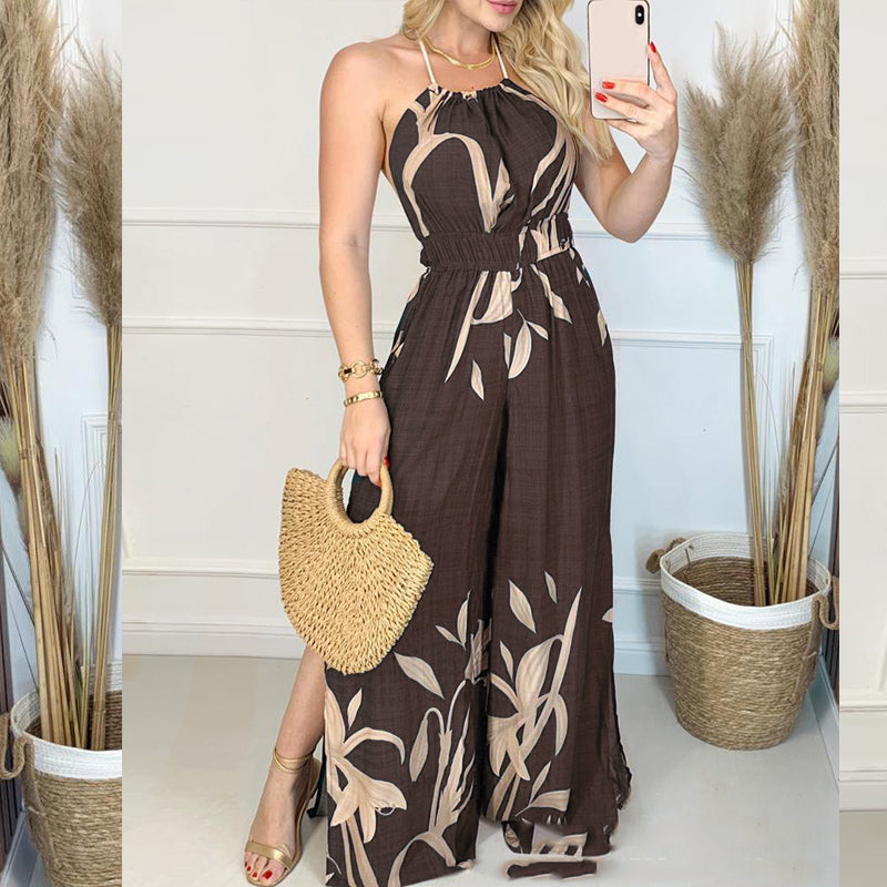 Dark Blue Printed Halter Jumpsuit