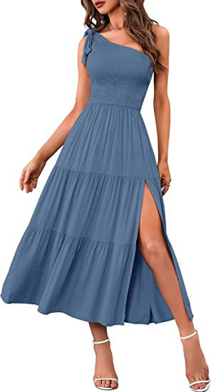 One-Shoulder Pleated Layered Hem Split Dress