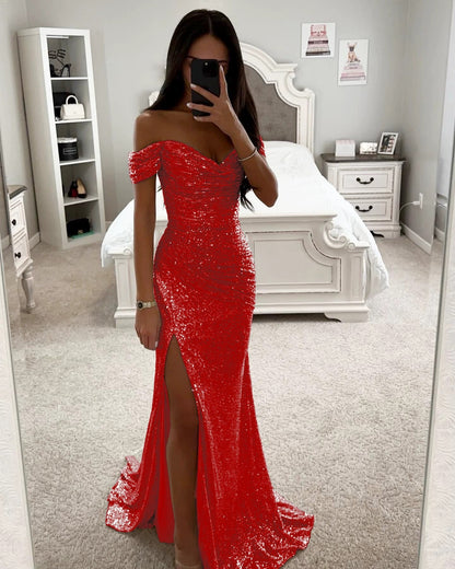 Sequin Off Shoulder Split Dress
