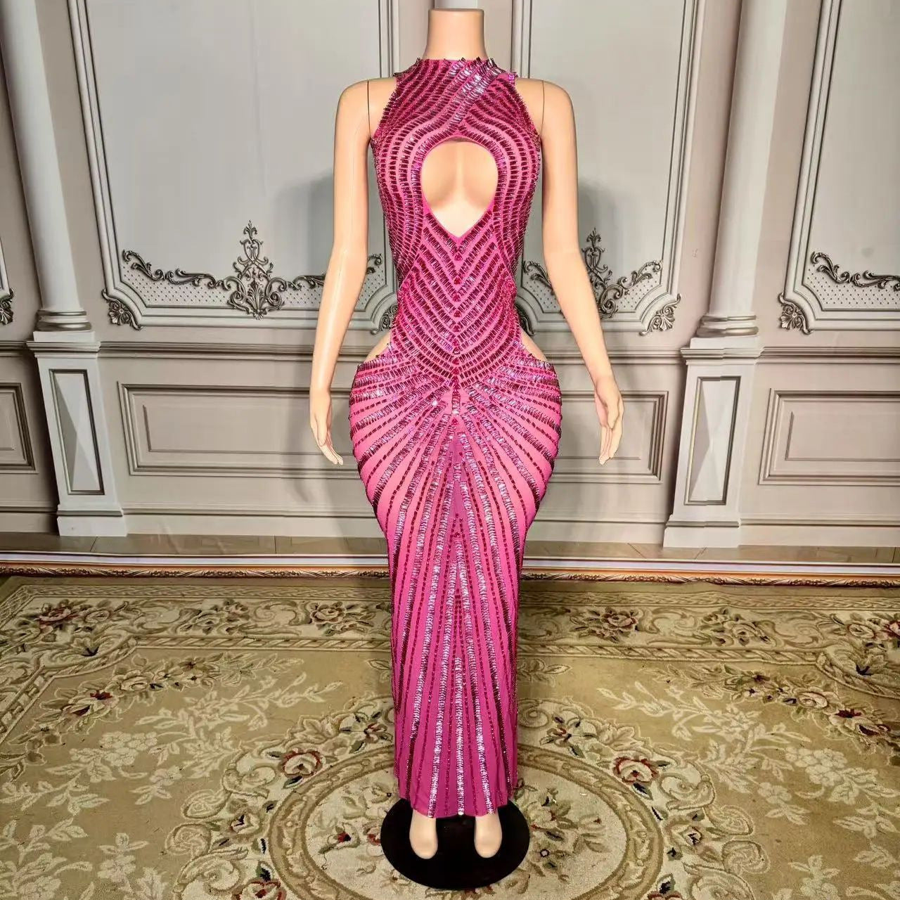 Womens Sexy Mesh Hollow-Out Nightclub Stage Dress