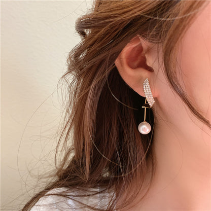 Two Full Diamond Wings Pearl Earrings Personality