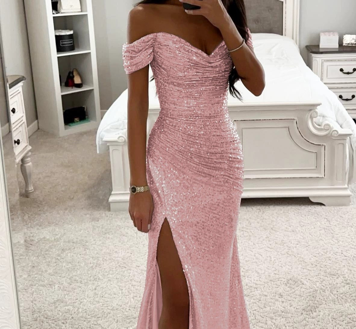Sequin Off Shoulder Split Dress