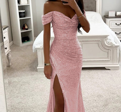 Sequin Off Shoulder Split Dress