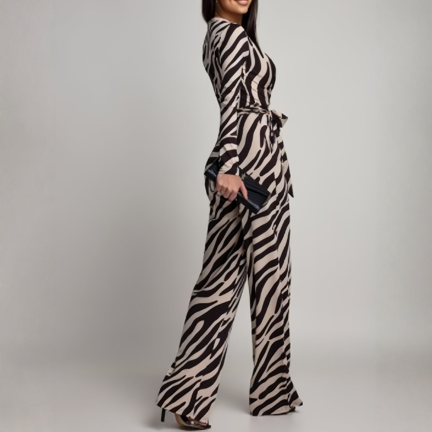 Zebra-Print V-Neck Long-Sleeve Jumpsuit