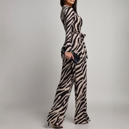 Zebra-Print V-Neck Long-Sleeve Jumpsuit