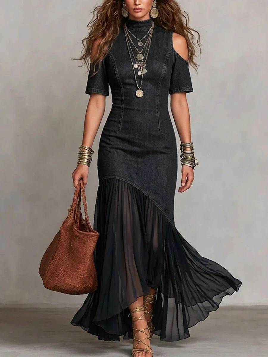 Off-Shoulder Mesh Hem Midi Dress