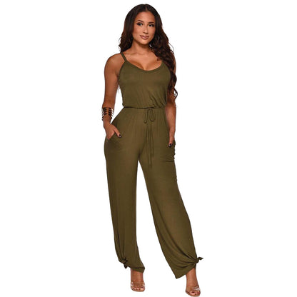 Mitation Cotton Solid Color Sling High Waist Jumpsuit