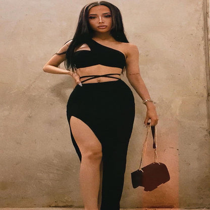 Off-Shoulder Slit Dress Suit