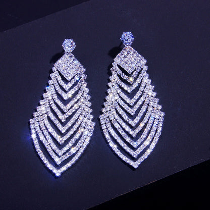 Crystal Long Diamond Leaf Earrings