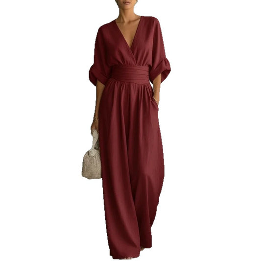 Waist-cinched V-neck Womens Jumpsuit