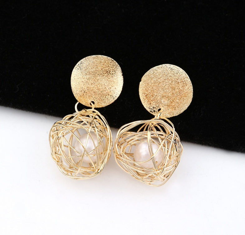 Simple Woven Ball Pearl Stud Earrings