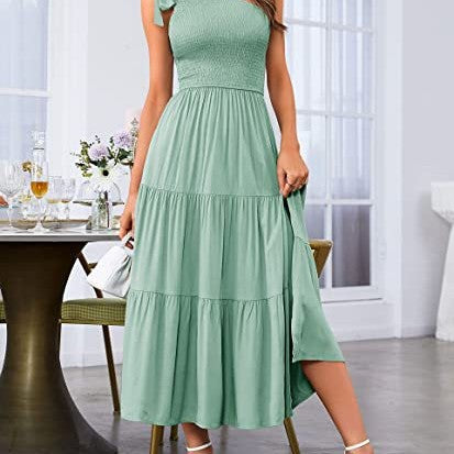 One-Shoulder Pleated Layered Hem Split Dress