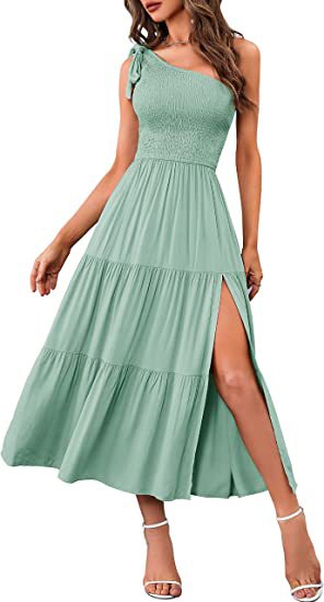 One-Shoulder Pleated Layered Hem Split Dress