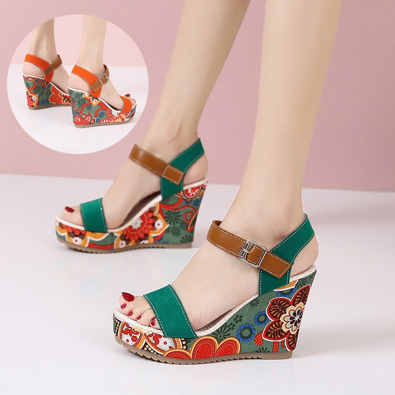 Embroidered High Wedge Sandals For Women