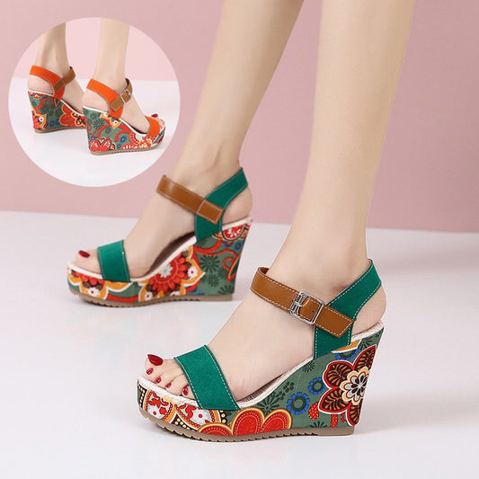 Fashion Flowers Embroidered High Wedge Sandals For Women