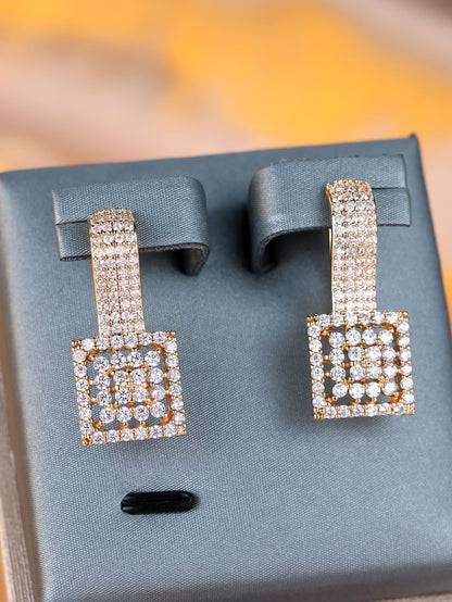 Champagne Gold Round White Diamond Square Earrings