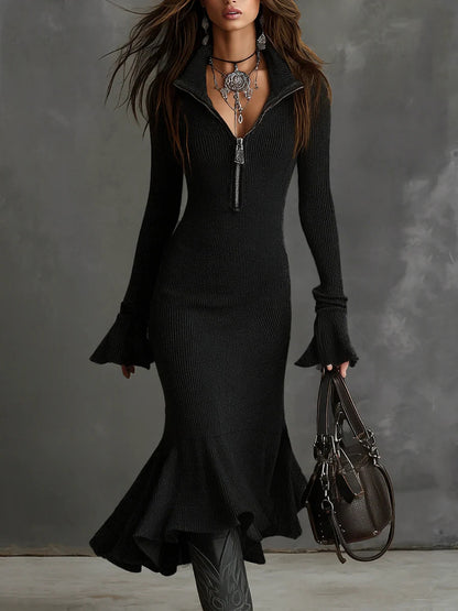 Pleated-collar Flared-sleeve Knitted Mermaid Skirt