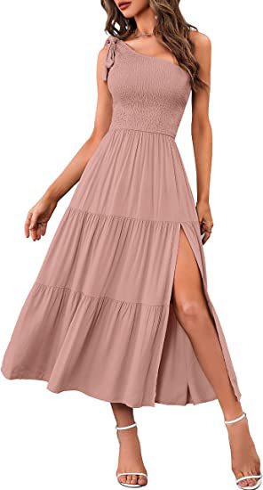 One-Shoulder Pleated Layered Hem Split Dress
