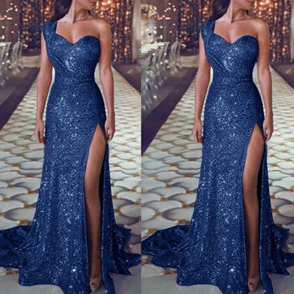 One-Shoulder Sleeveless Bronzing Dress Slit Long Skirt