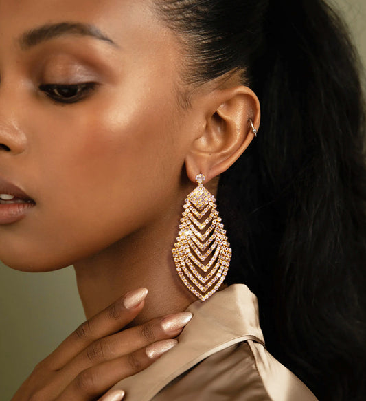 Crystal Long Diamond Leaf Earrings