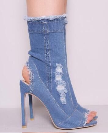 Peep Toe Denim Ankle Boots